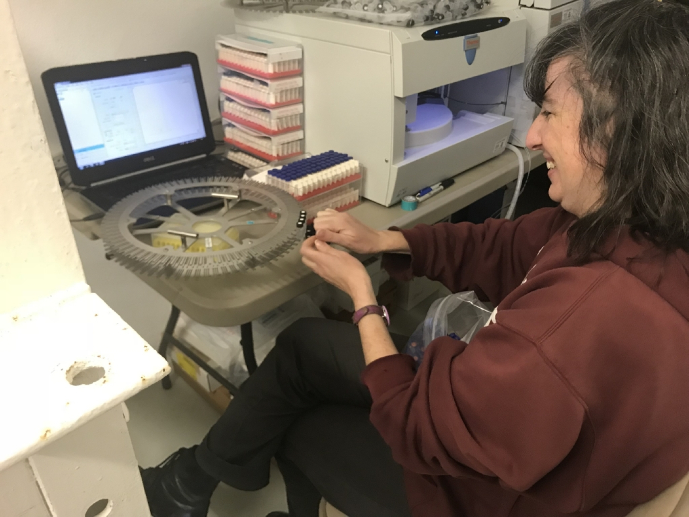 Amy Sullivan processes samples during the ACE-ENA winter 2018 intensive operational period in the Azores. Sullivan was responsible for the particle-into-liquid sampler, which measures water-soluble aerosol chemical composition.