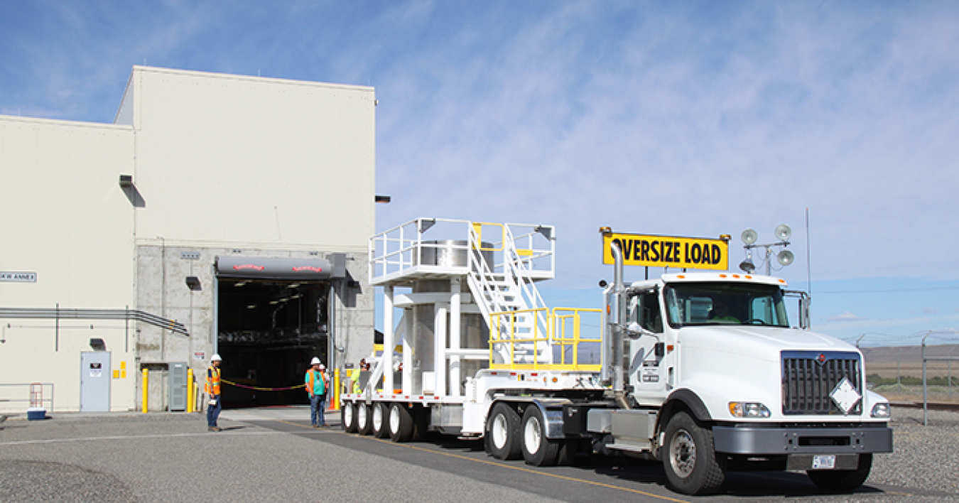 The first sludge transport and storage container leaves 100-K on its way to T Plant for safe storage away from the Columbia River.