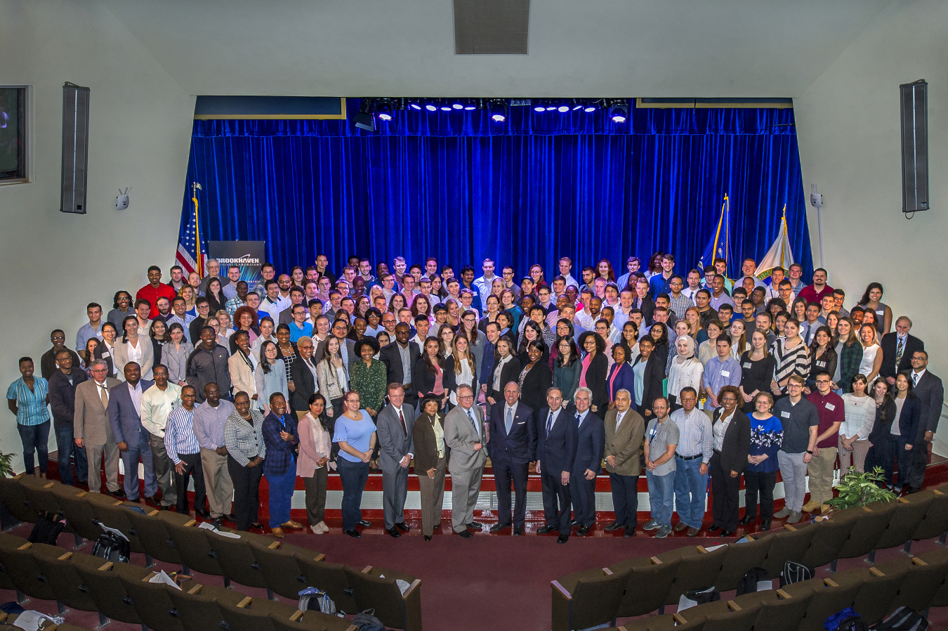 More than 200 students from 33 states began summer internships at Brookhaven Lab on June 4. DOE Under Secretary for Science Paul Dabbar (front row, center right), was among the leaders who welcomed the Lab's summer guests.