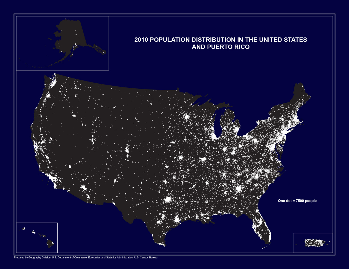 Map showing the 2010 population distribution in the United States and Puerto Rico.