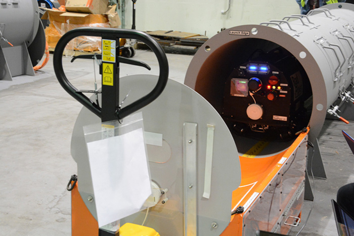 A Radpiper leaves the launch rig to move through the 30-inch pipe at about 10 feet per minute.