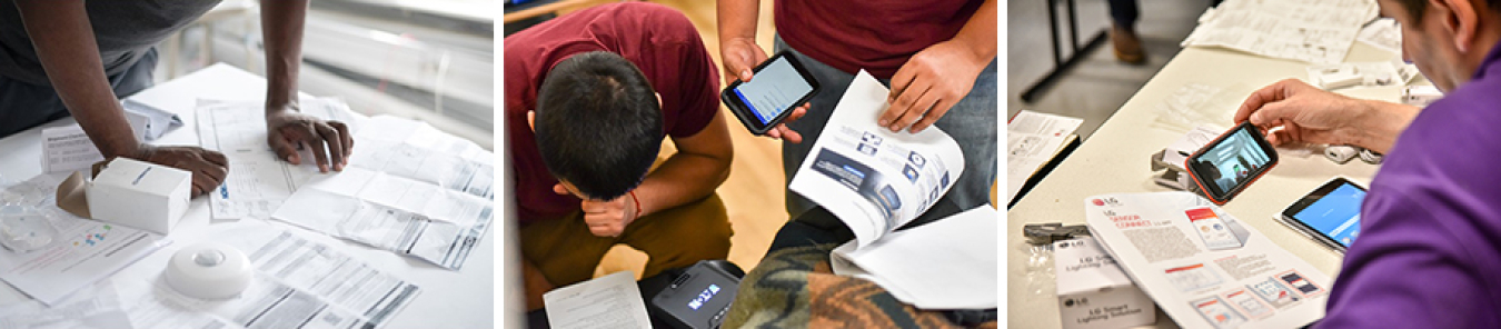 Three photos of various connected lighting system documentation.