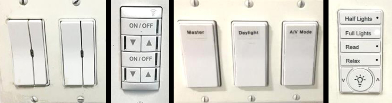 Four photos of various connected lighting system wall switches.