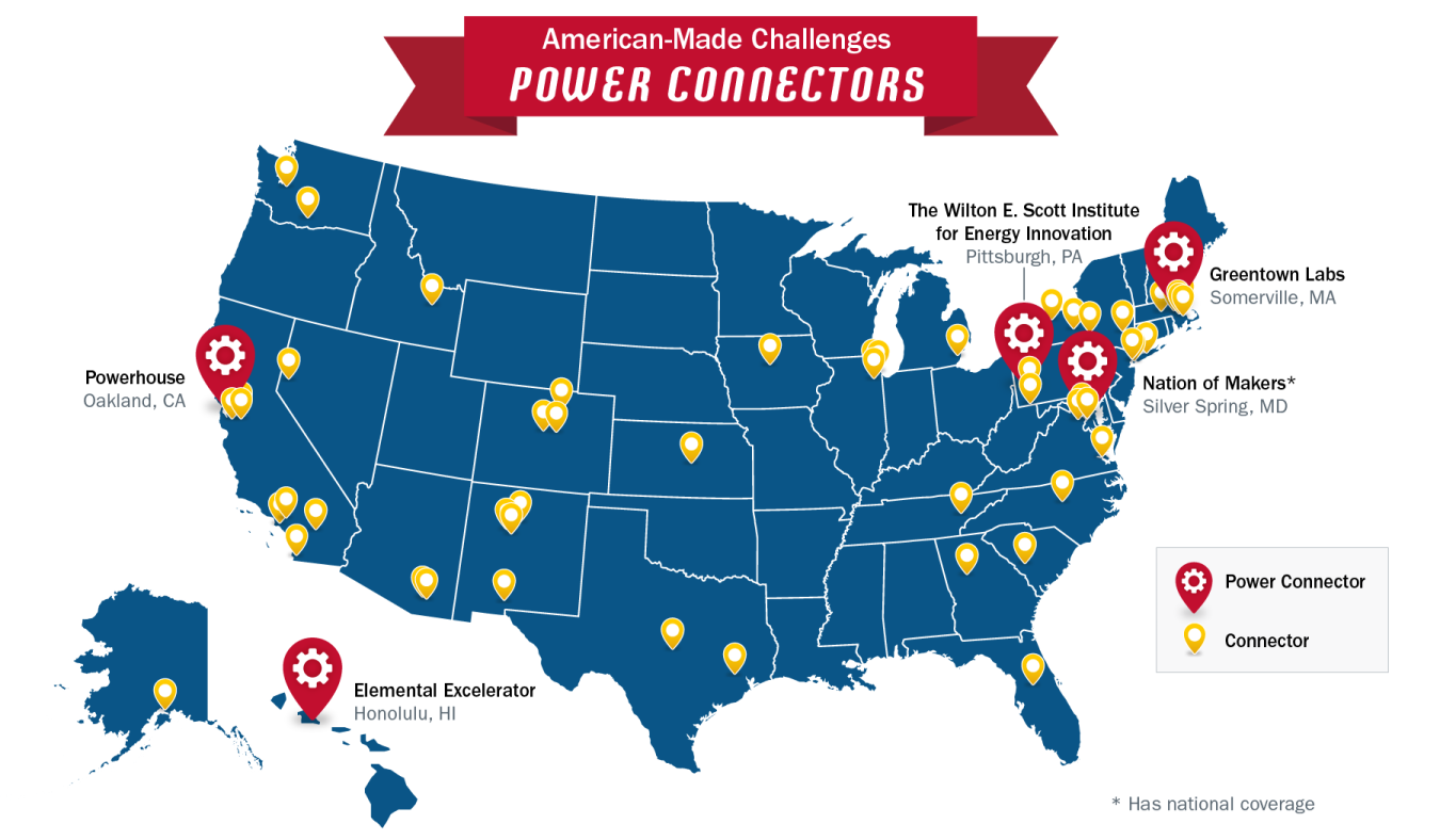 A U.S. map showing the locations in red of the states that have Power Connector organizations. 