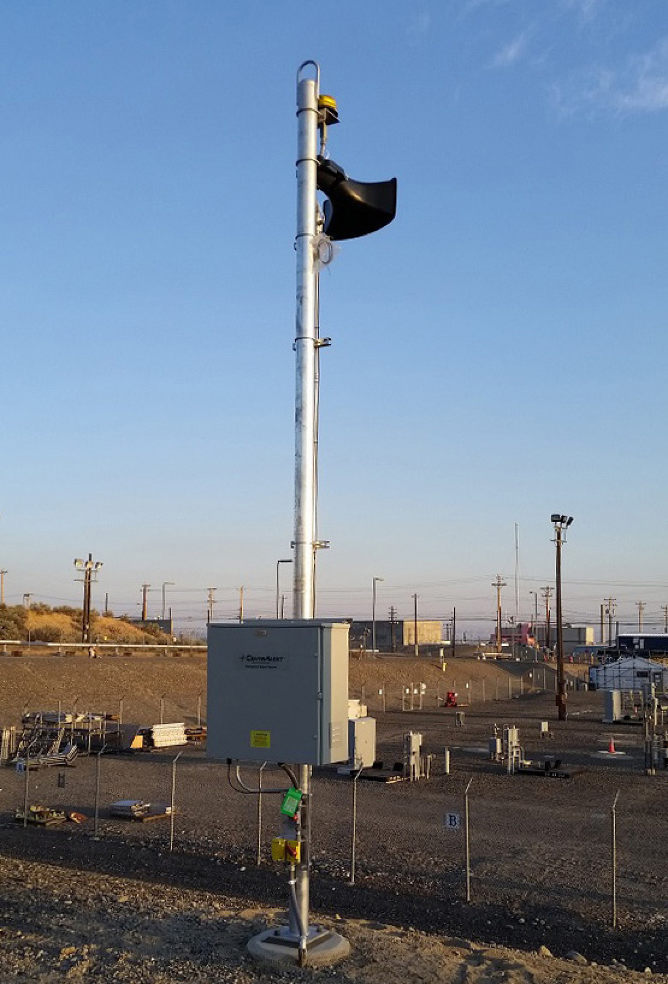 A public address system speaker installed near a Hanford tank farm helps notify workers and directs them to safety during operational events. The system supplements other communications methods in the tank farms, which include two-way radios & cell phones
