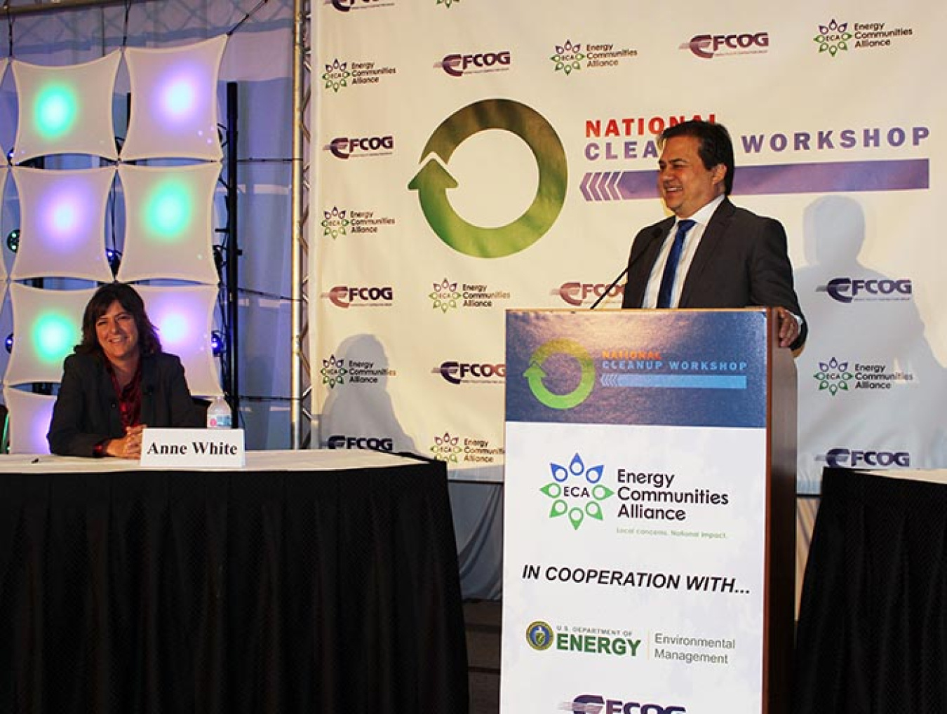 EM Assistant Secretary Anne White answers a question from Billy Morrison, chair of the Energy Facility Contractors Group, who served as moderator of the Q&A session.