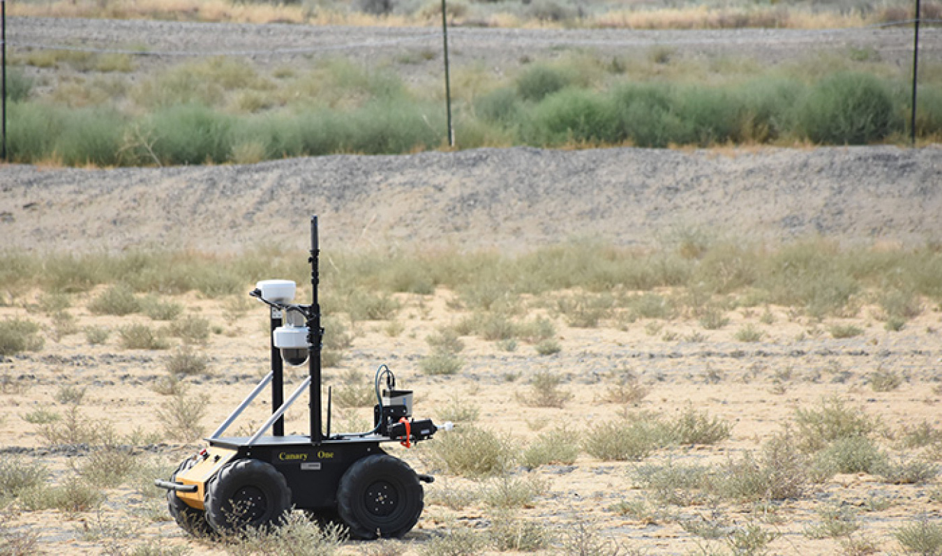 A rover crosses the terrain near Hanford’s SX Tank Farm during a recent field demonstration.