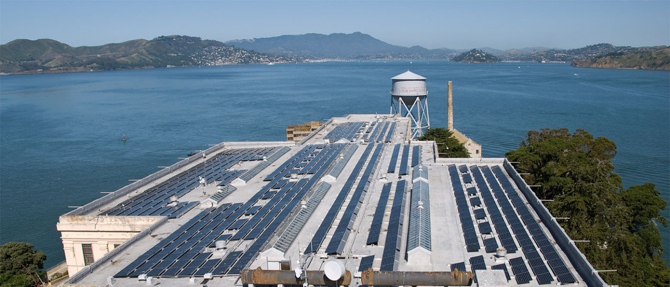 PV panels on the roof of buildings of Alcatraz Island.