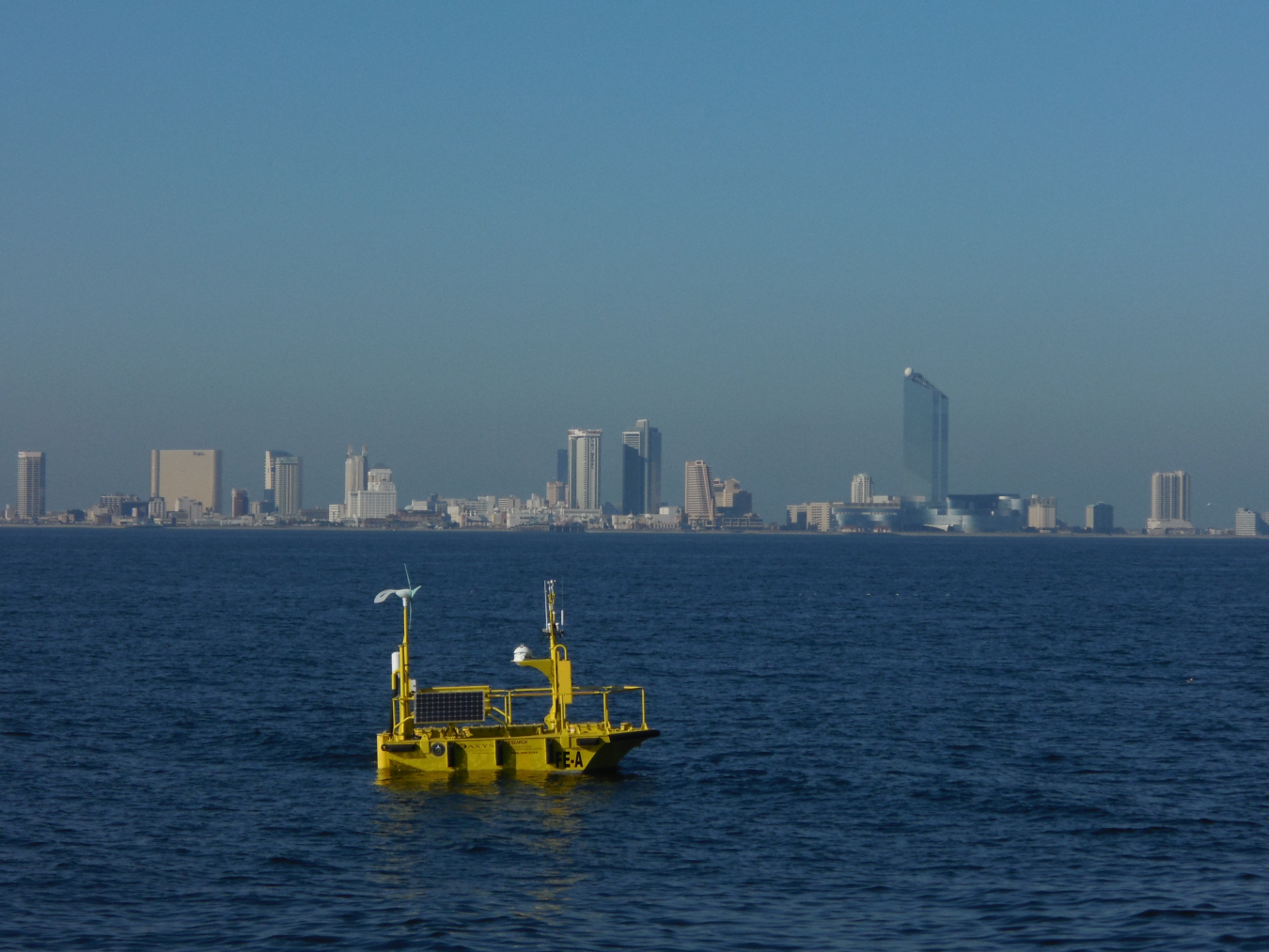 Photo of a buoy in the ocean with a city skyline in the background.