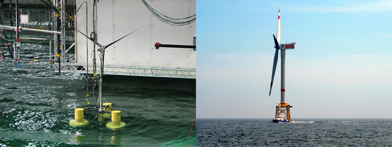 Collage of two offshore wind turbines.