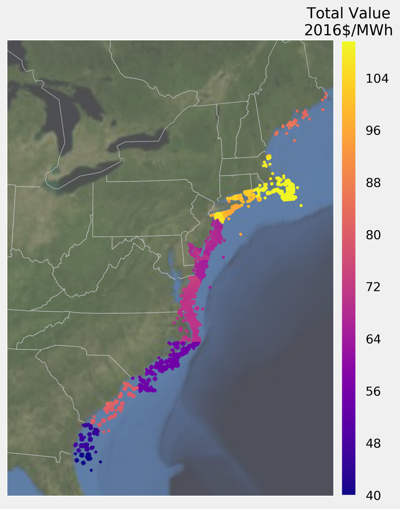 Map showing the total value, in 2016 dollars per MWh, along the United States eastern coastline.