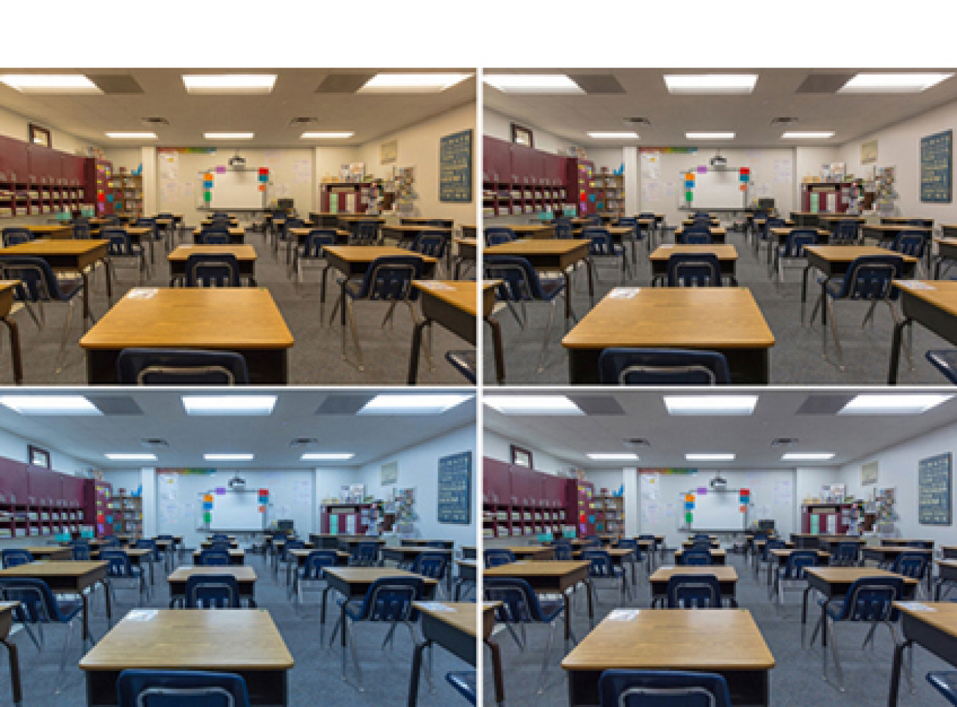 Four photos of a classroom with a tunable lighting system.