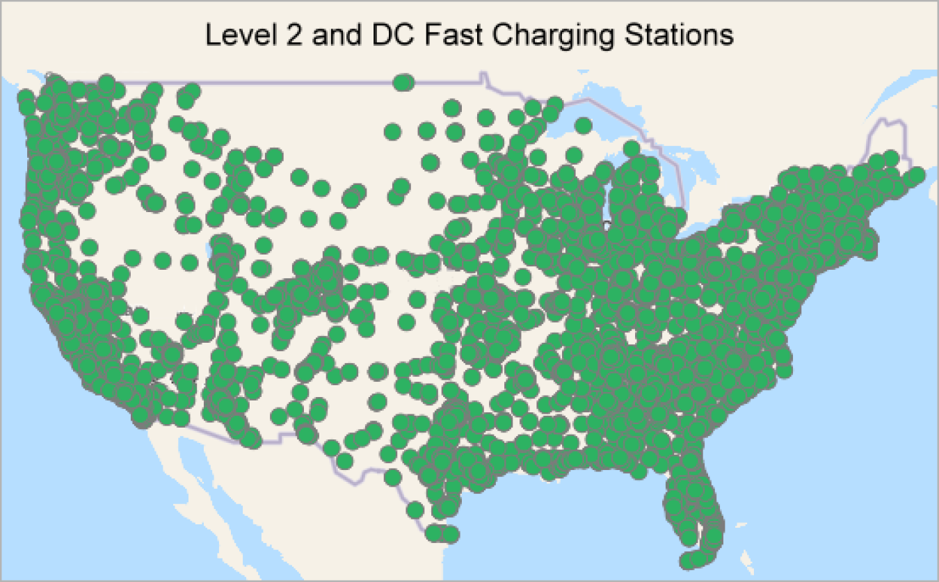 Map of the United States showing areas where Level 2 and DC Fast Charging Stations are located.