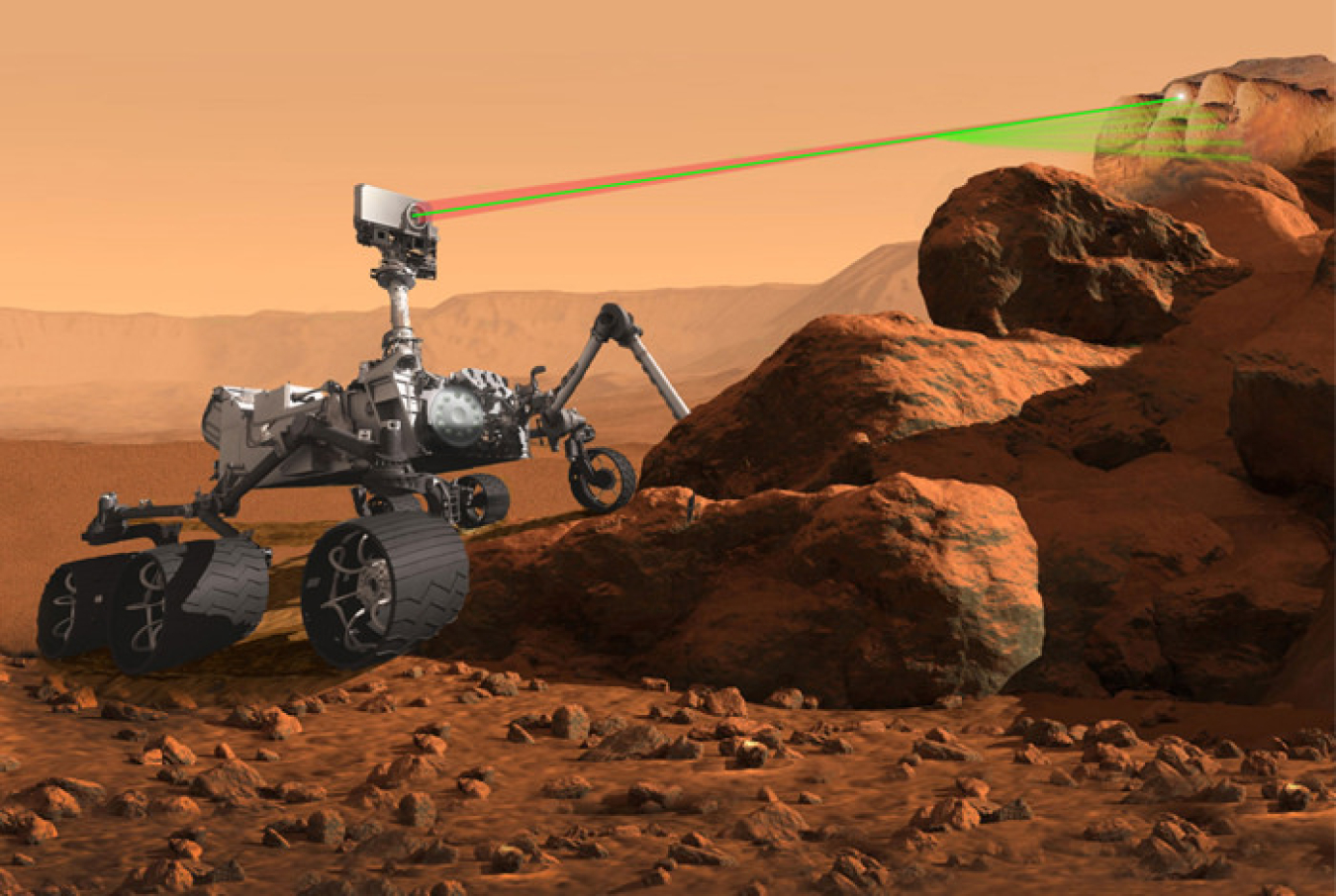 An artist’s rendition of the ChemCam instrument using laser-induced breakdown spectroscopy on Mars.
