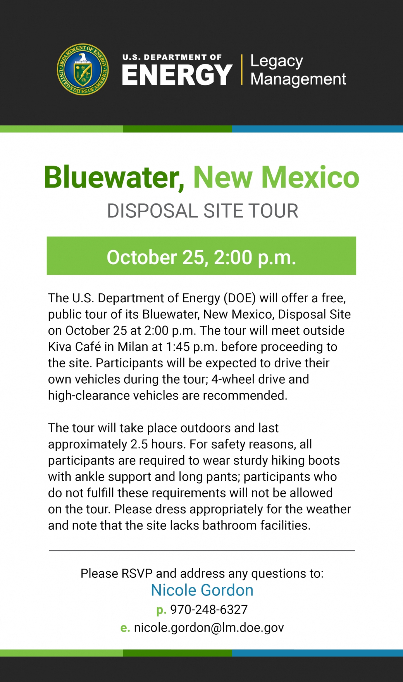 The U.S. Department of Energy (DOE) will offer a free, public tour of its Bluewater, New Mexico, Disposal Site on October 25, 2018, at 2:00 p.m.