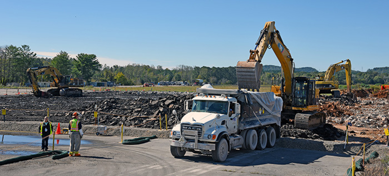 Crews are loading the estimated 7-acre slab of the foundation for the K-29 Building.