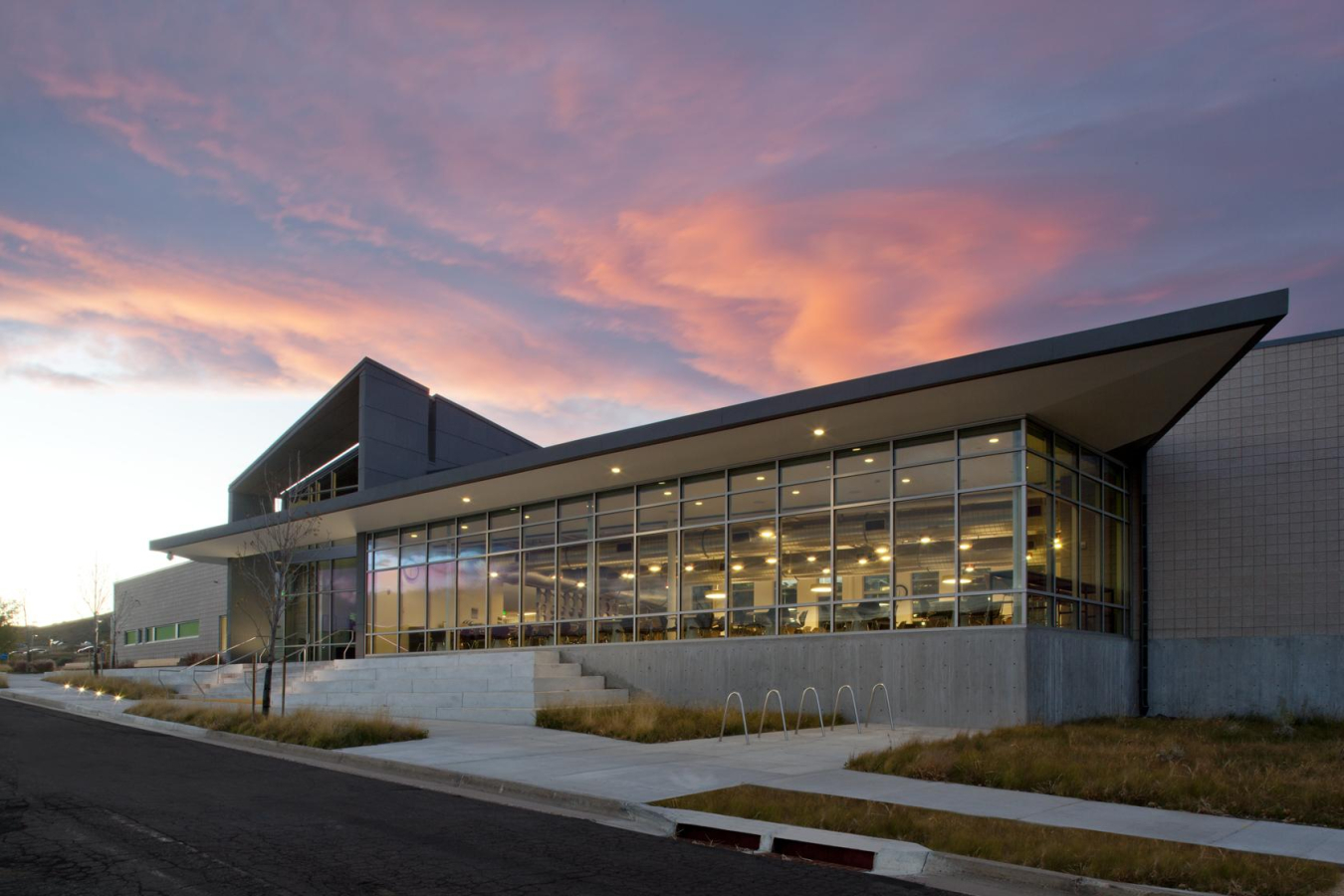 Exterior photo of the National Renewable Energy Laboratory Cafe at sunset.