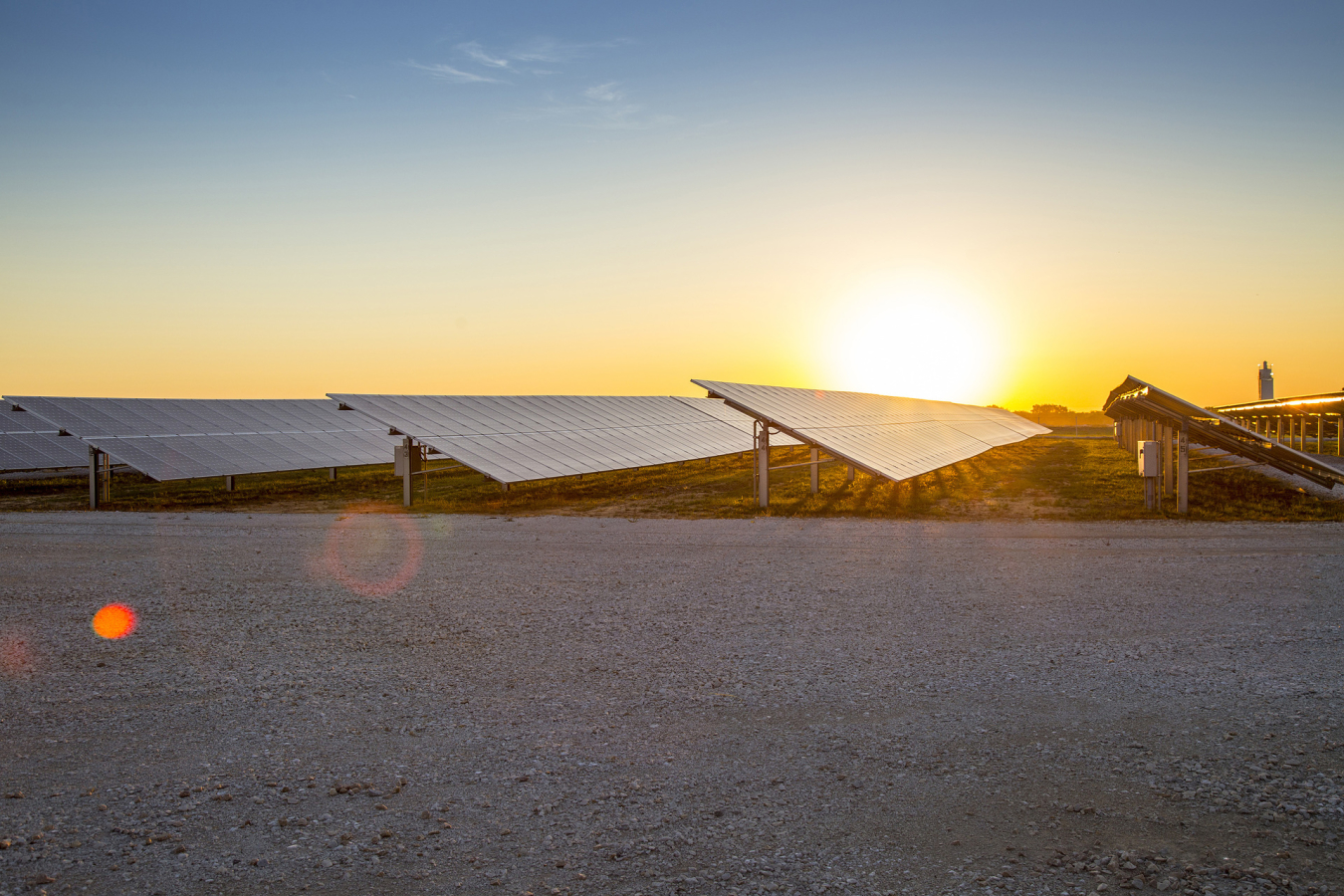 Sunrise at the 2MW CoServ Solar Station in Krugerville, Texas. Photo by Ken Oltmann/CoServ.