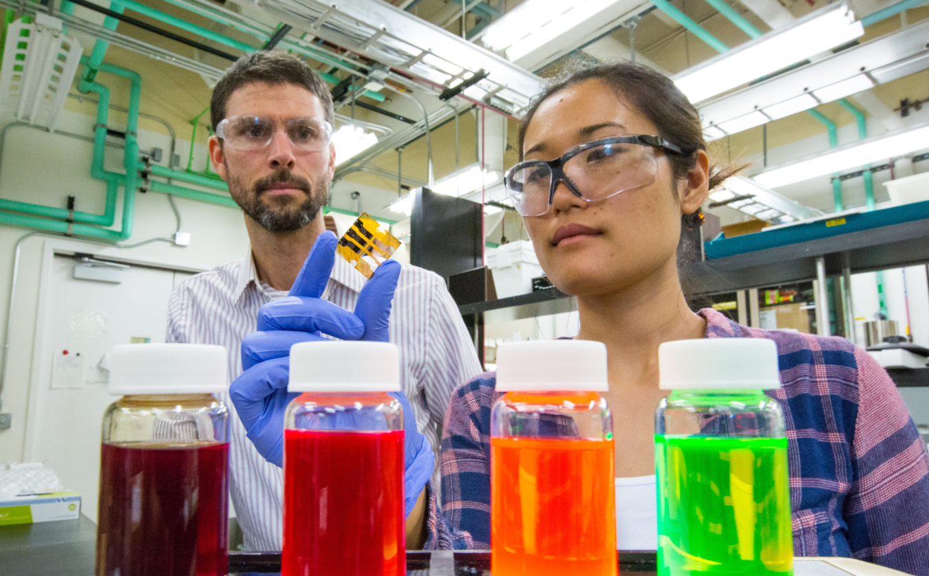 A collage of photos of scientists working in a lab or in a factory.