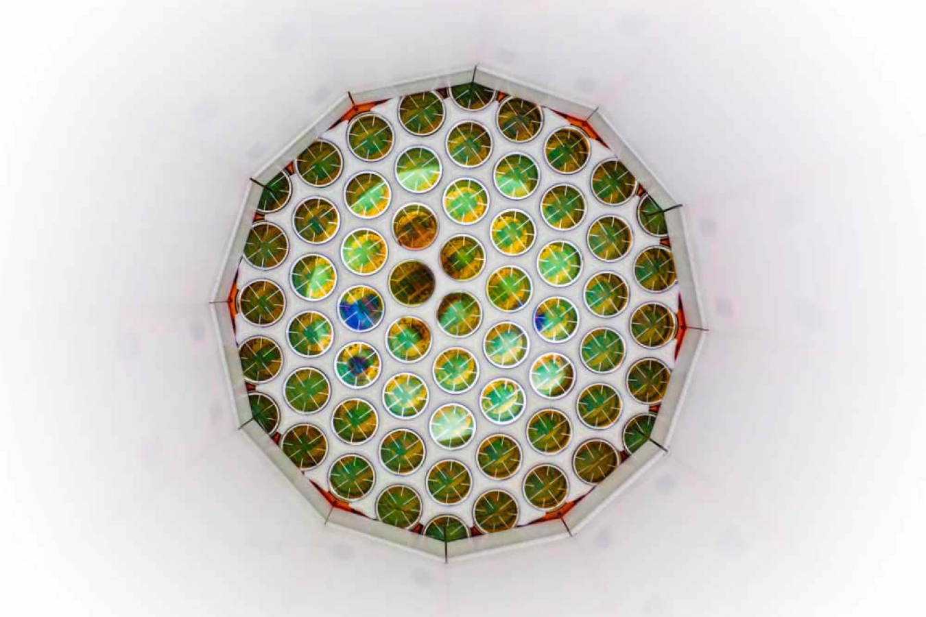 Photomultiplier tubes capable of detecting as little as a single photon of light line the top and bottom of the LUX dark matter detector.