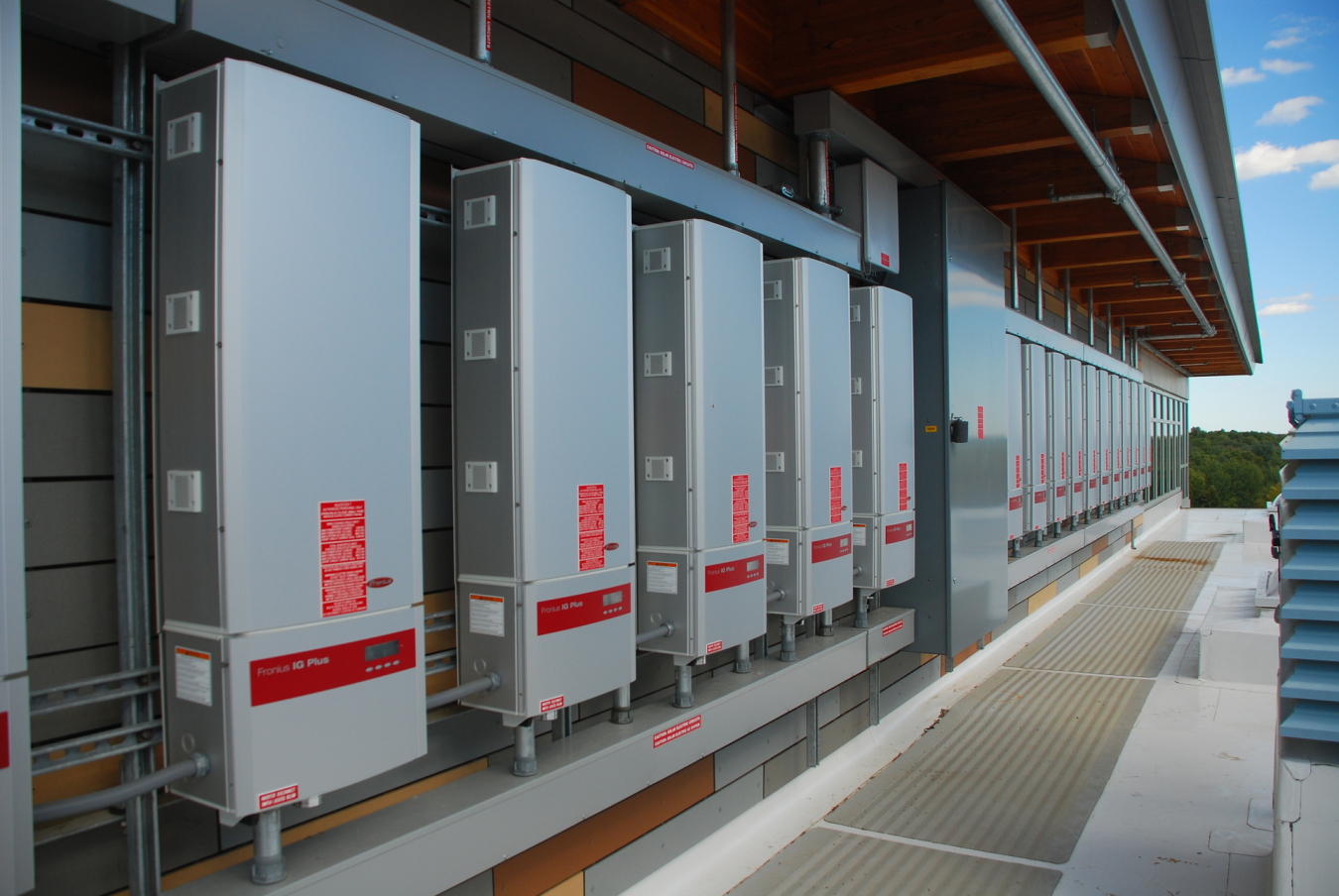 Array of Fronius inverters at the zero net energy MA Fish & Wildlife facility in Westborough, MA.