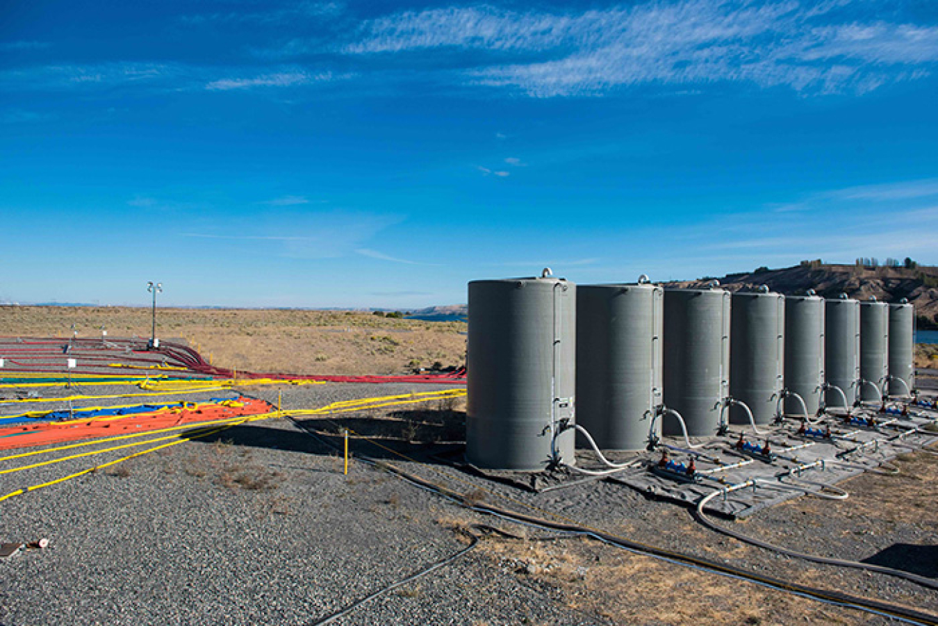 A view of the tanks and hoses used at the electrical resistivity tomography site at Hanford's 300 Area.