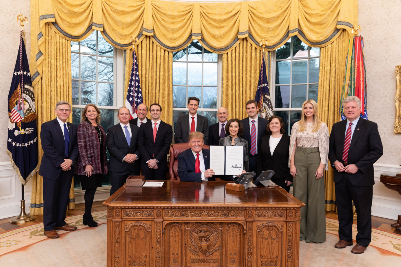 President Trump at the White House with federal officials. Today, he launched his American AI Initiative that directs Federal agencies to prioritize investments in research and development of AI.