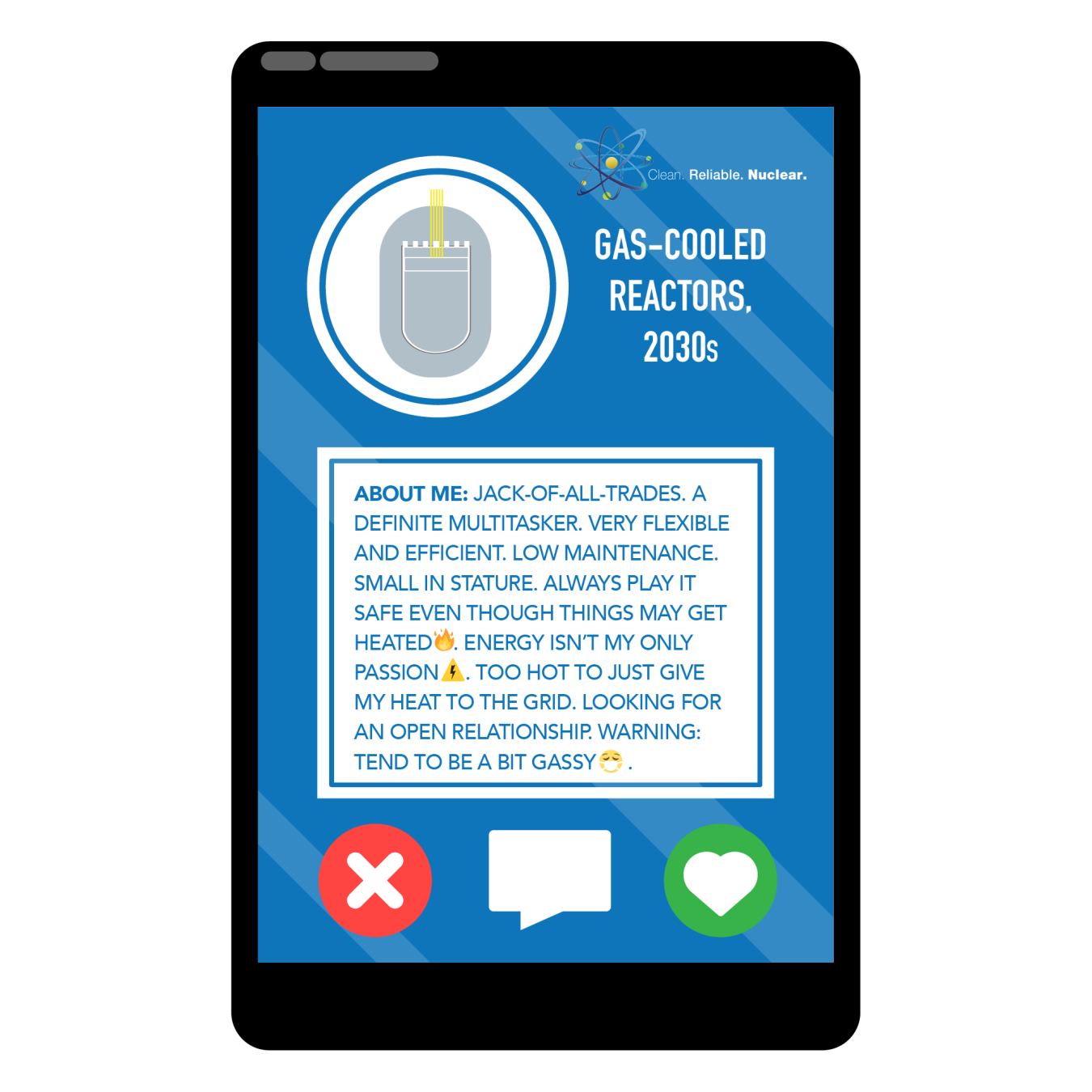 A photo of a gas cooled reactor inside a phone with a profile that describes its attributes.