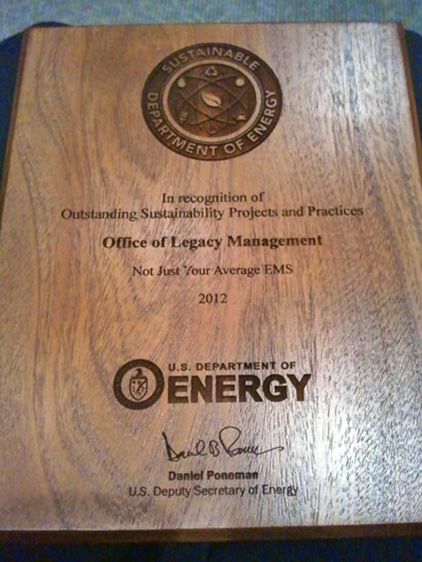 LM was one of 20 winners selected to receive a DOE 2012 Sustainability Award in September 2012. LM’s submission, titled “Not Just Your Average EMS,” was entered under the category of Environmental Management Systems.