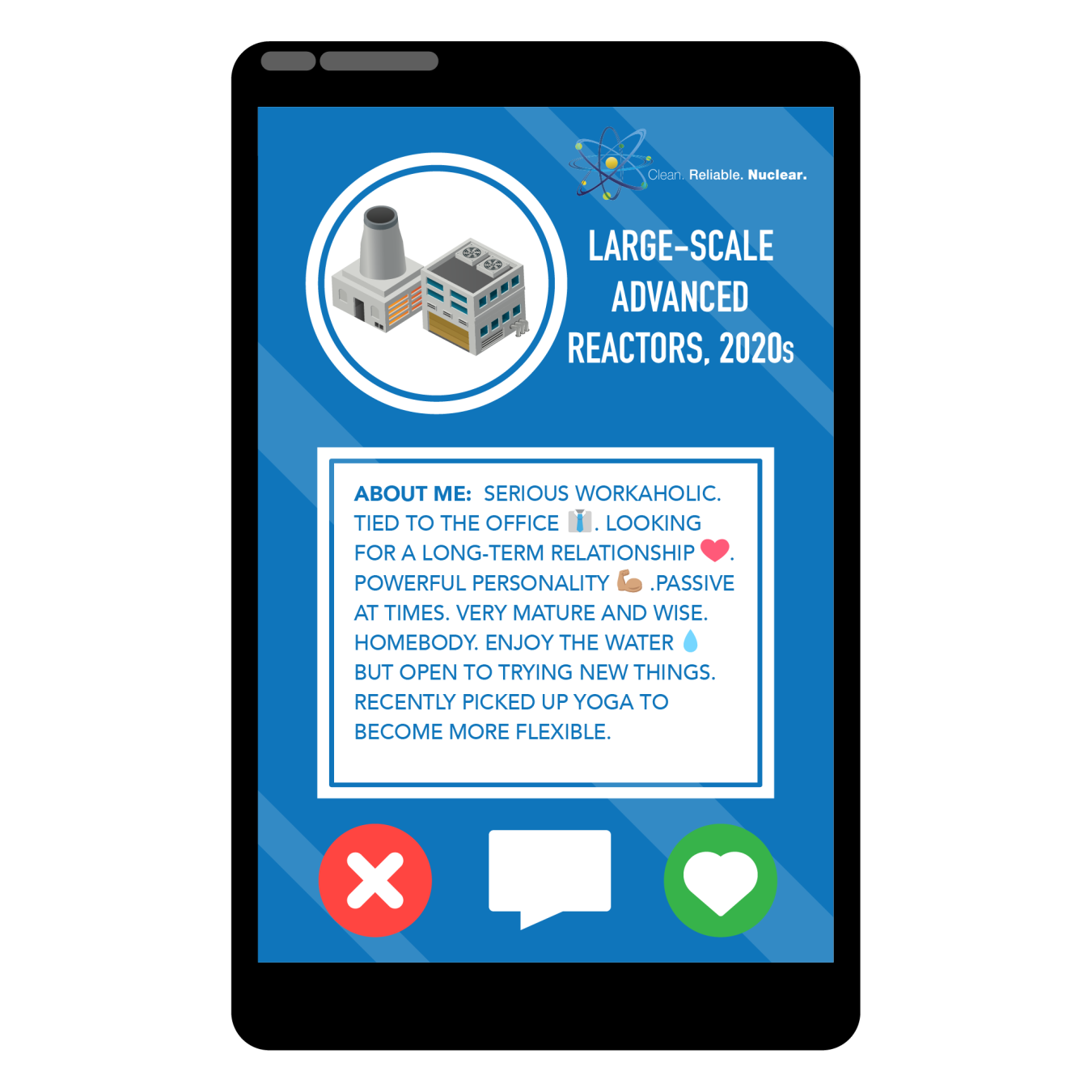 A photo of a large scale advanced reactor inside a phone with a profile that describes its attributes