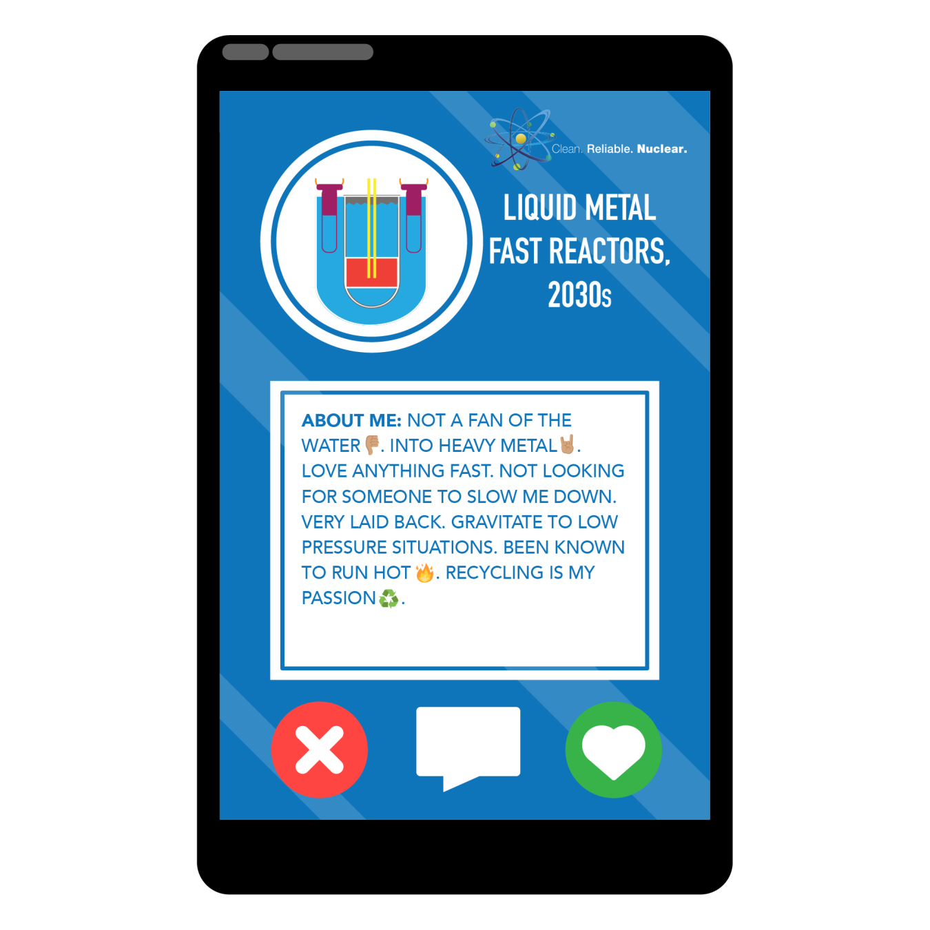 A photo of a liquid metal fast reactor inside a phone with a profile that describes its attributes