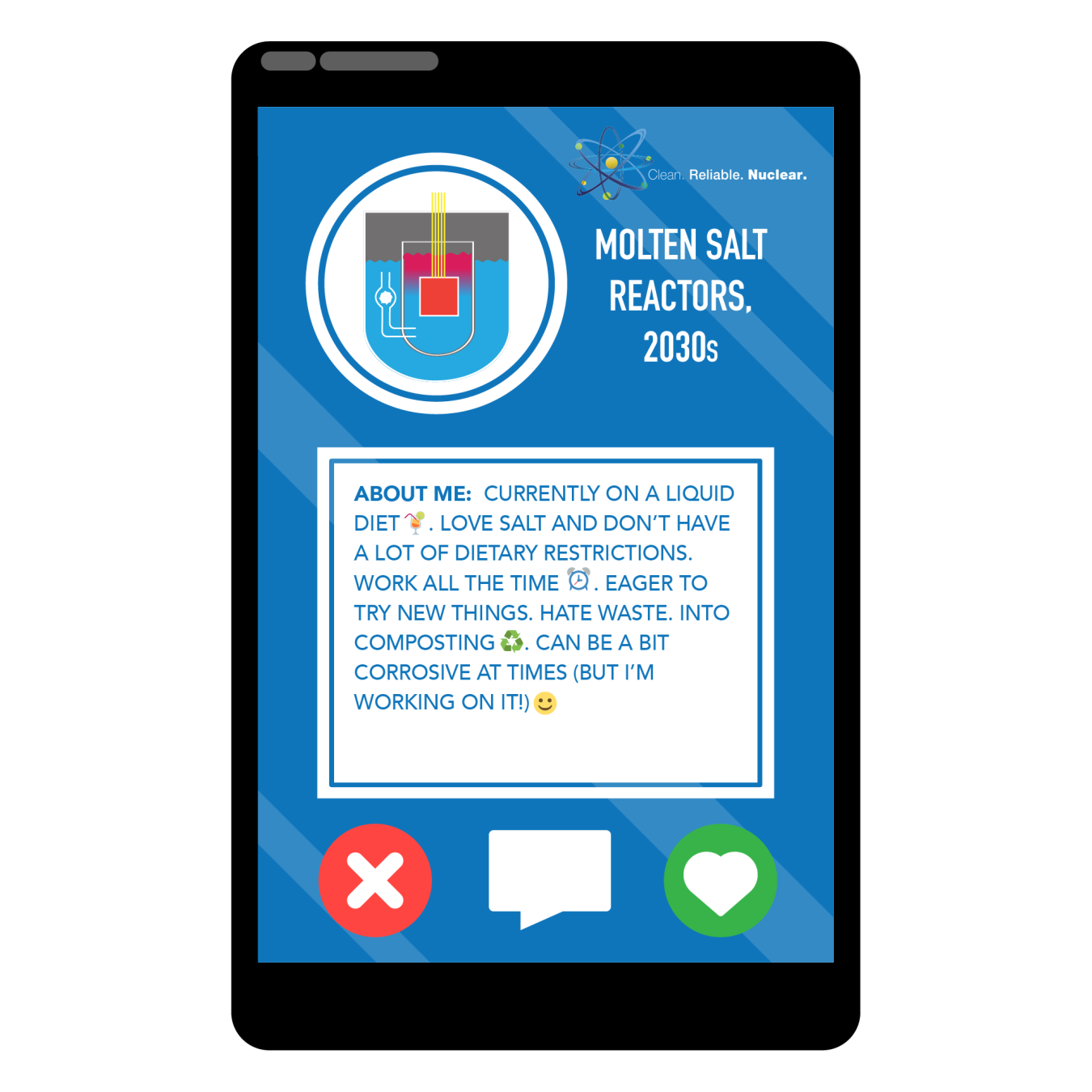 A picture of a molten salt reactor inside a phone with a profile that describes its attributes.