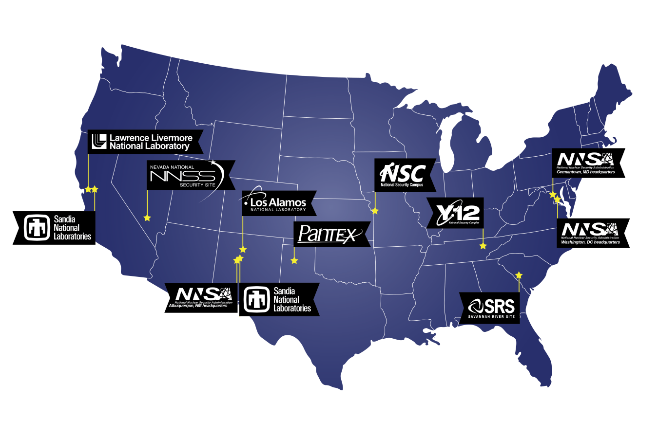 A map showing the locations of the labs, plants, and sites in NNSA's Nuclear Security Enterprise.
