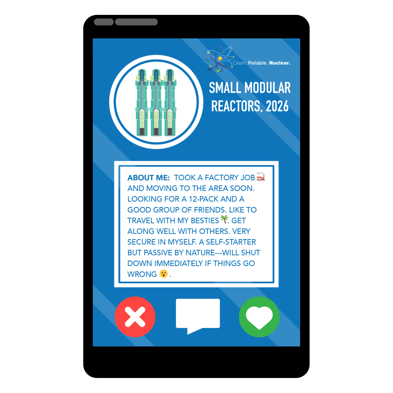 A photo of a small modular reactor inside a phone with a profile that describes its attributes.