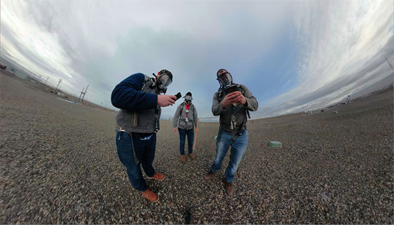 From left, Matt Miller, Alexander Pappas, and Eric Riel of Washington River Protection Solutions recently collected 360-degree photos of TX Farm. The photos were compiled into a virtual inspection to be used by surface barrier design engineers.