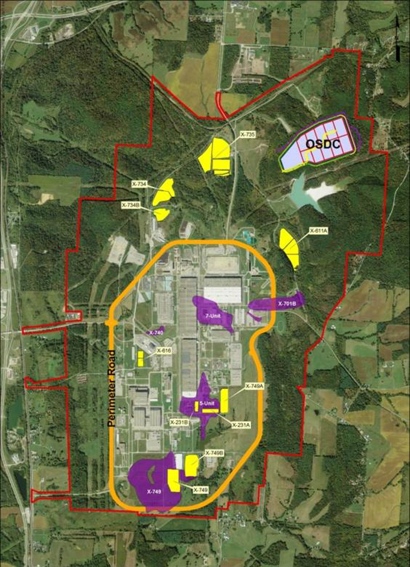 Site Selection for OSDC is indicated on the map along with existing landfills (yellow) and groundwater plumes (purple).