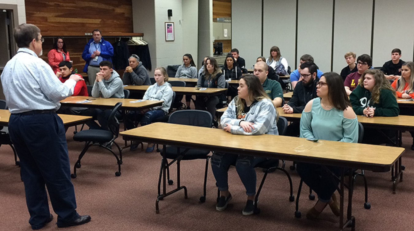 Joe Moore, with EM Portsmouth Site support contractor RSI EnTech, provided background to students from Waverly High School before they toured the former gaseous diffusion plant earlier this month.