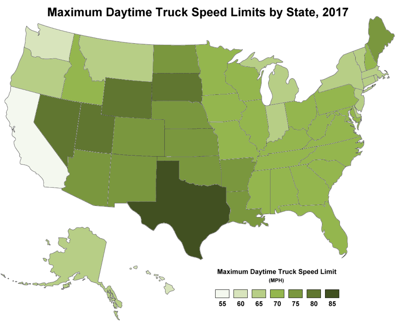 Map of the U.S. showing maximum daytime truck speed limits by state in 2017.