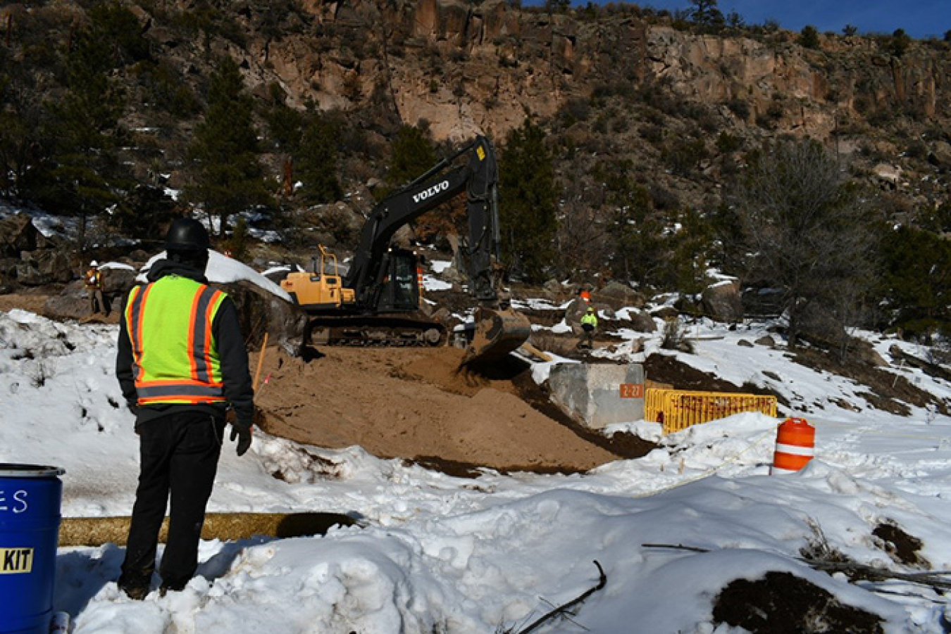 A crew removed about 300 cubic yards of chemically contaminated soil from a narrow canyon at Los Alamos National Laboratory. The soil will be shipped offsite for disposal.