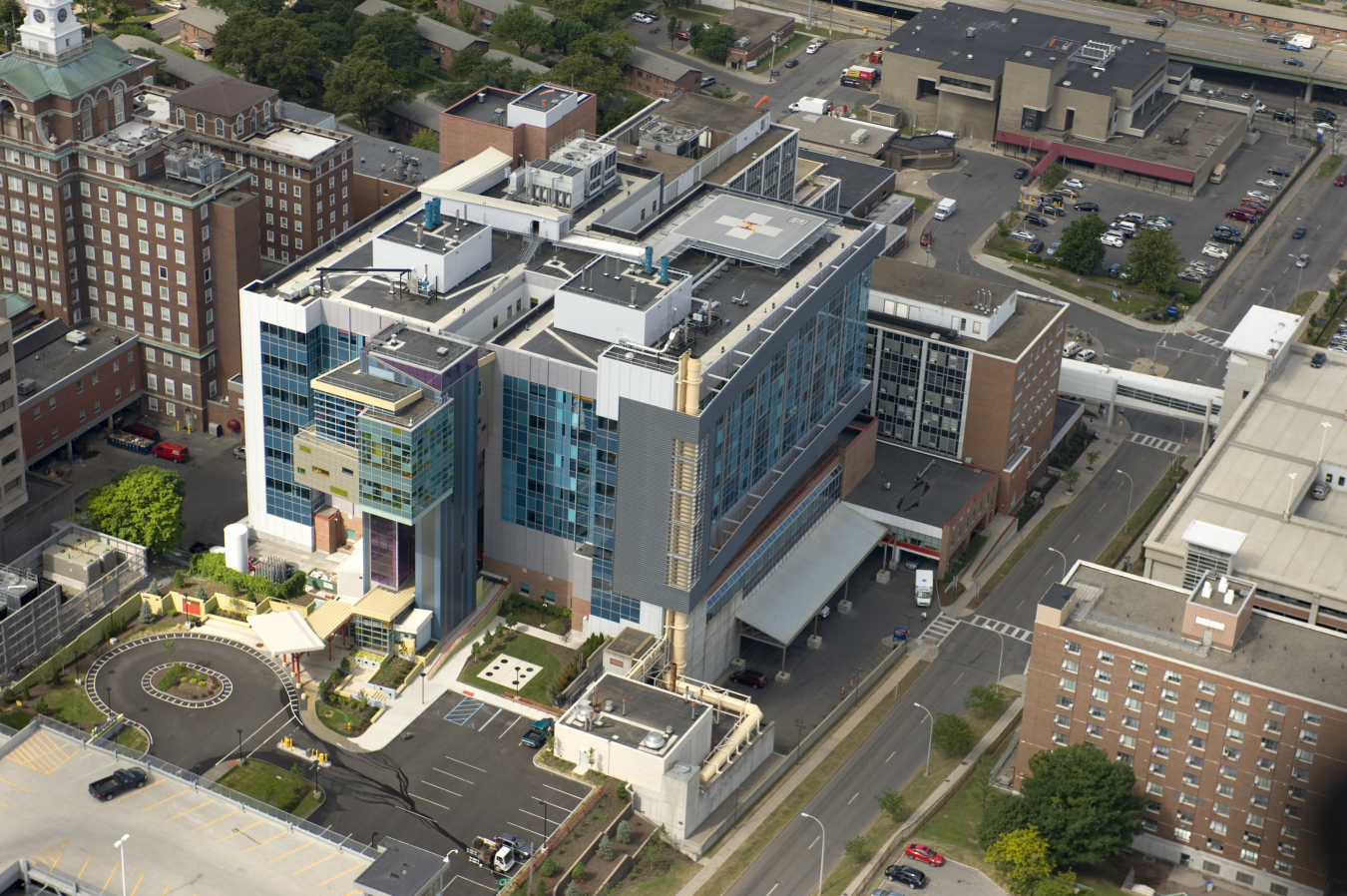 Photo of an aerial view of the SUNY children's hospital