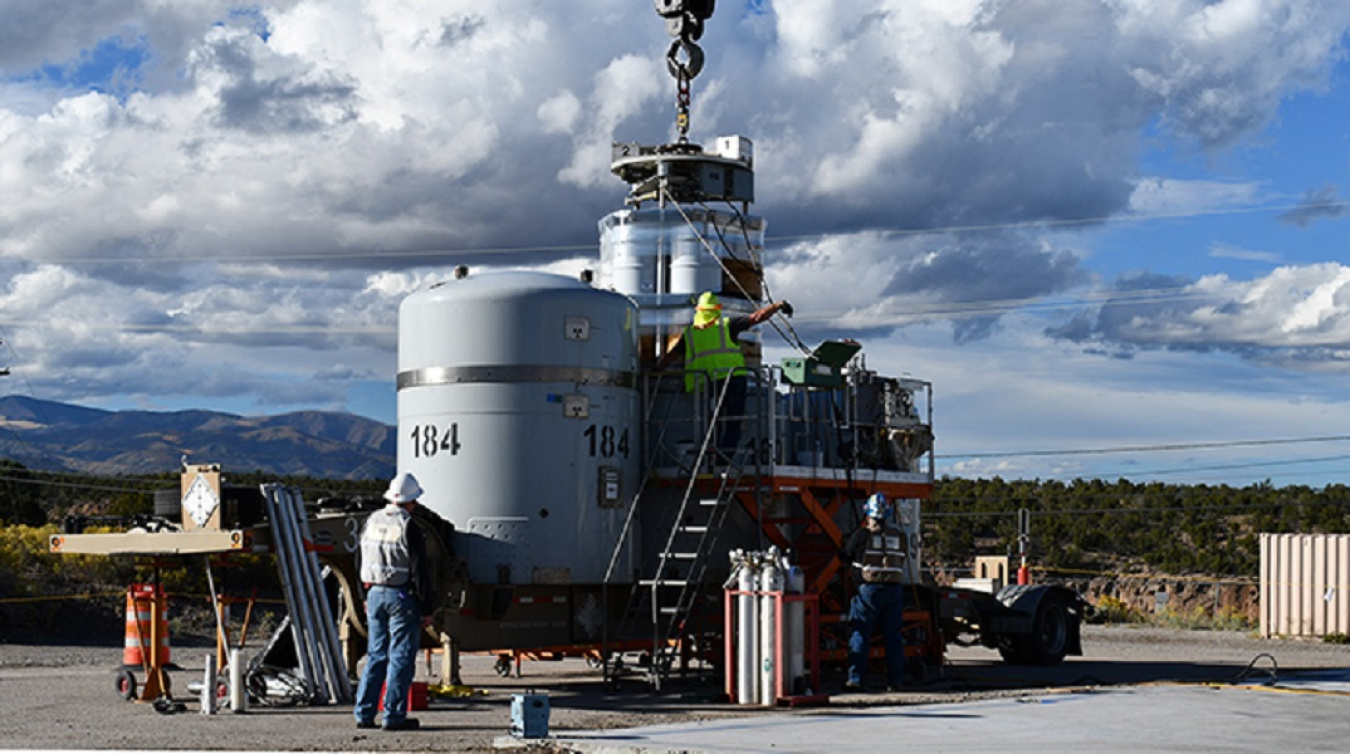 A crew prepares a waste shipment at Los Alamos National Laboratory for transport to the Waste Isolation Pilot Plant.