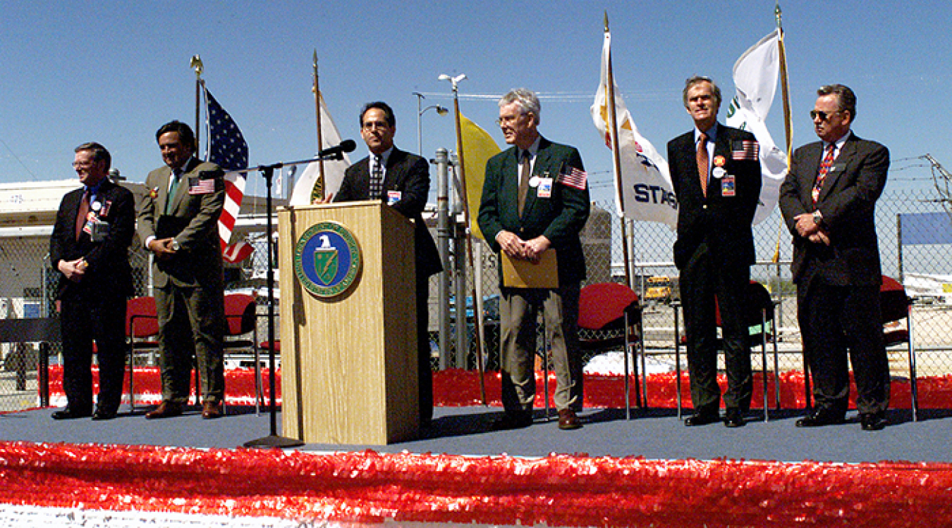 Left to right, U.S. Sen. Pete Domenici of New Mexico, Energy Secretary Bill Richardson, EM Carlsbad Field Office Manager Keith Klein, U.S. Rep. Joe Skeen of New Mexico, U.S. Sen. Jeff Bingaman of New Mexico, and Carlsbad Mayor Gary Perkowski at the Waste 