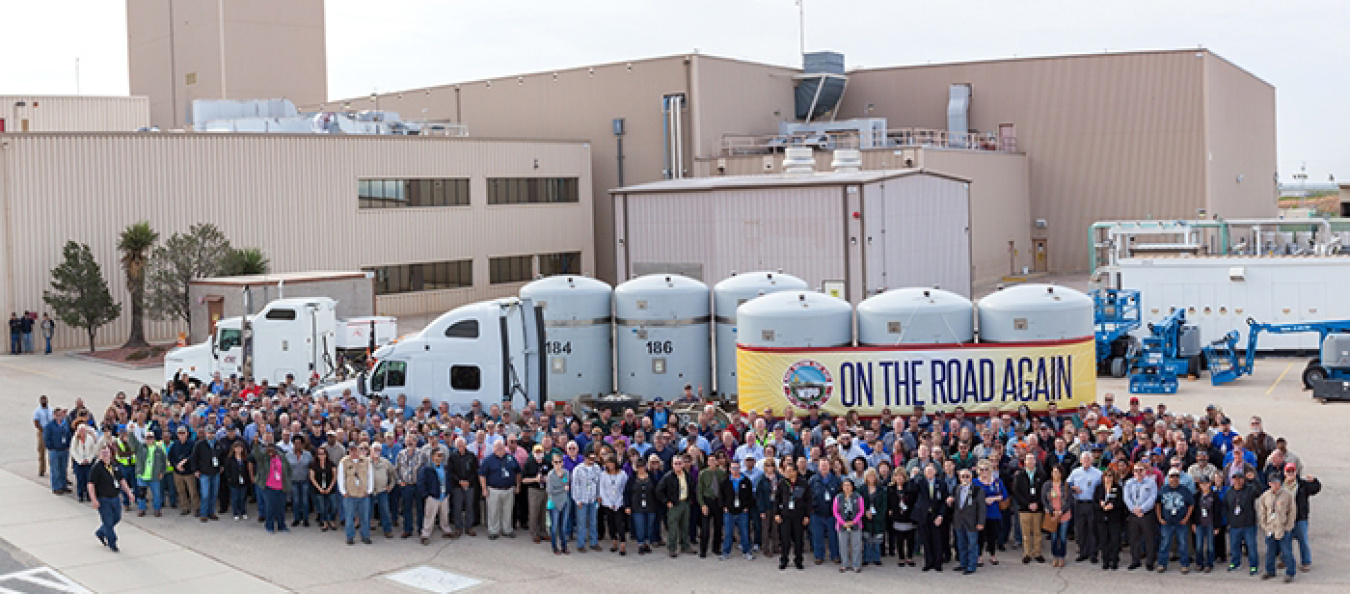 Federal and contractor employees gather to celebrate receipt of the first shipment of transuranic waste to WIPP after the facility reopened in 2017.