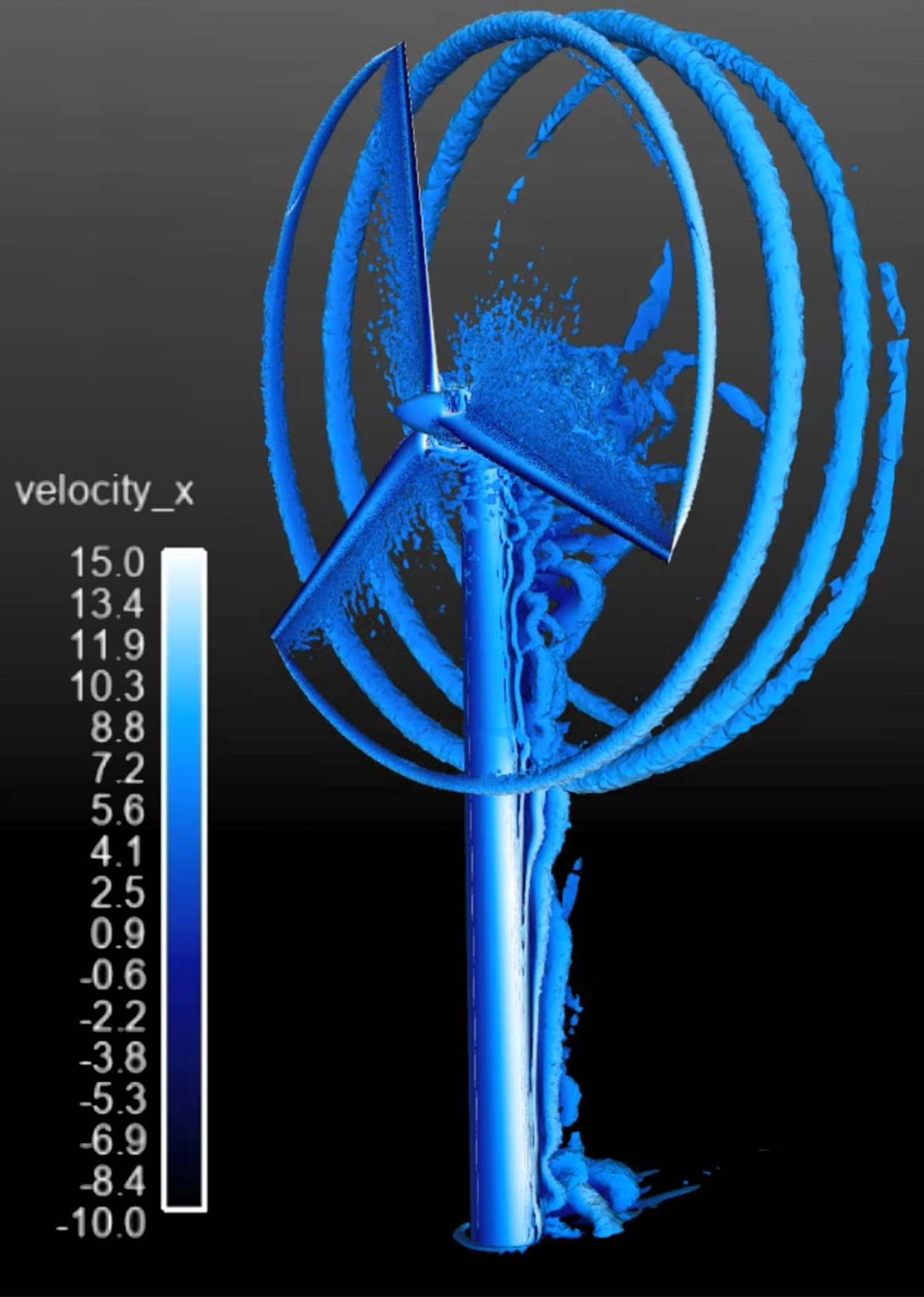 Simulation of a wind turbine showing the wind flow around the turbine and depicting the velocity.
