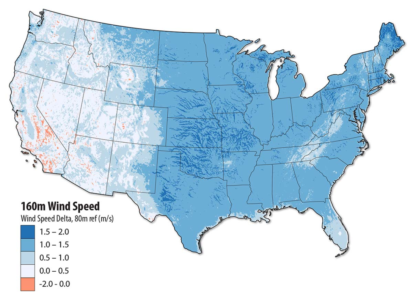 Map of the United States showing the difference in mean annual wind speed 160 meters above ground level minus 80 meters.