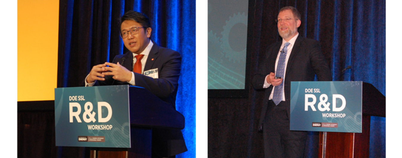 Lawrence Lin of LEDVANCE (left) identified R&D opportunities to increase SSL’s benefits. Roger Buelow of AeroFarms (right) discussed the process of developing an efficient lighting solution for horticulture.