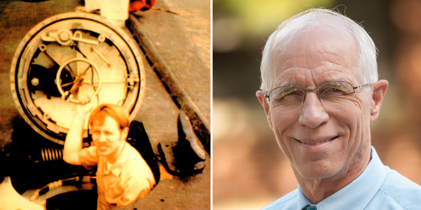 A photo of a man coming out of a submarine and a profile of the man today.