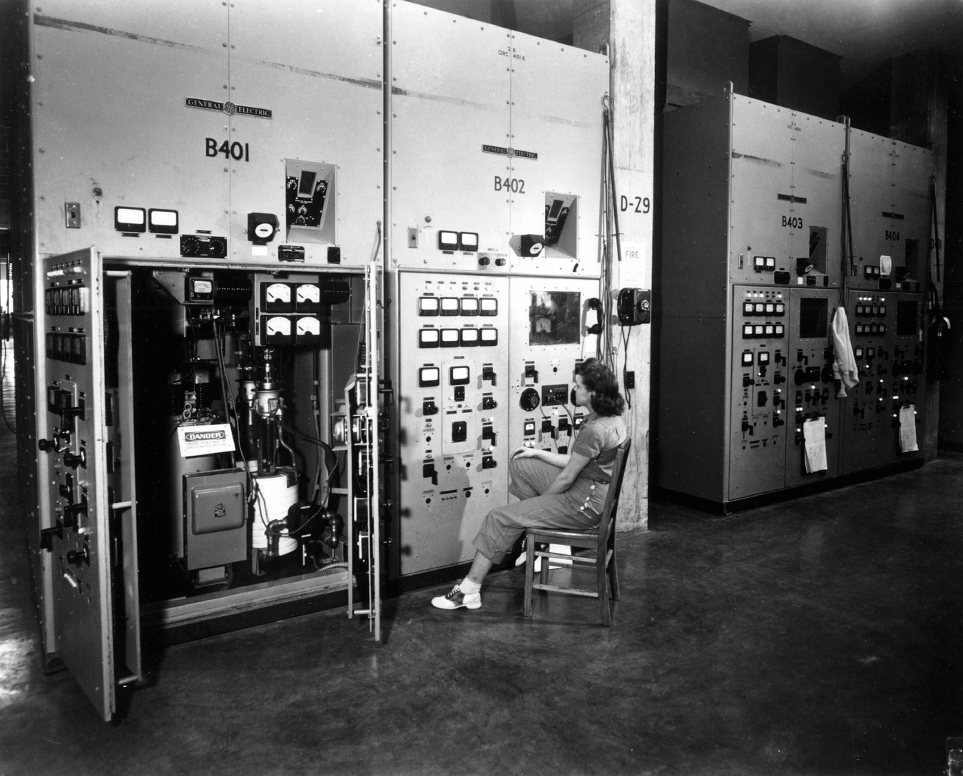 Y-12 worker at Beta-3 control panel management. c. 1945