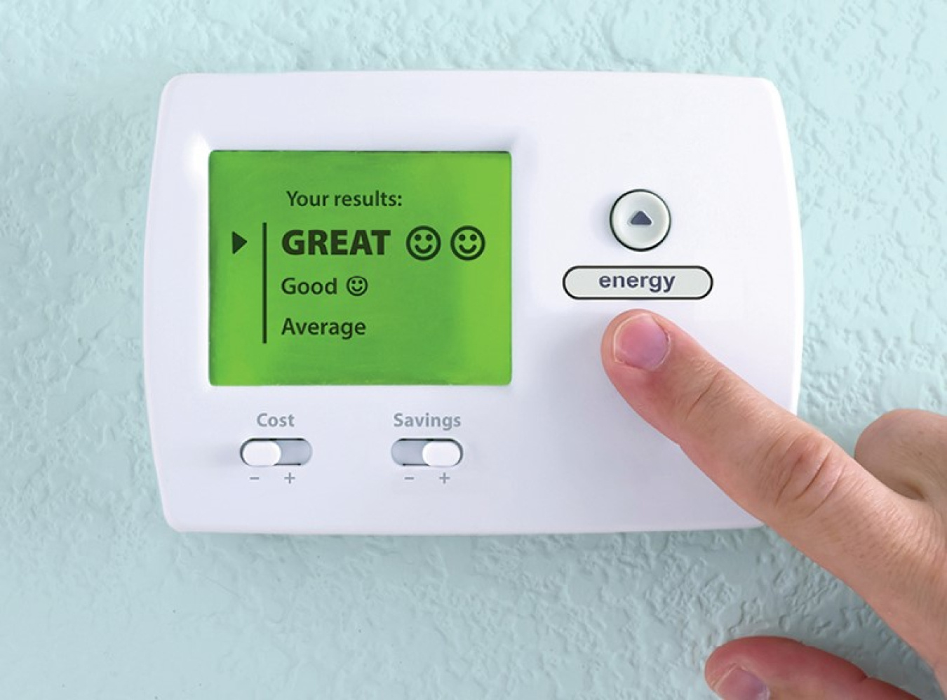 Fictional thermostat showing energy savings of great, good, and average.