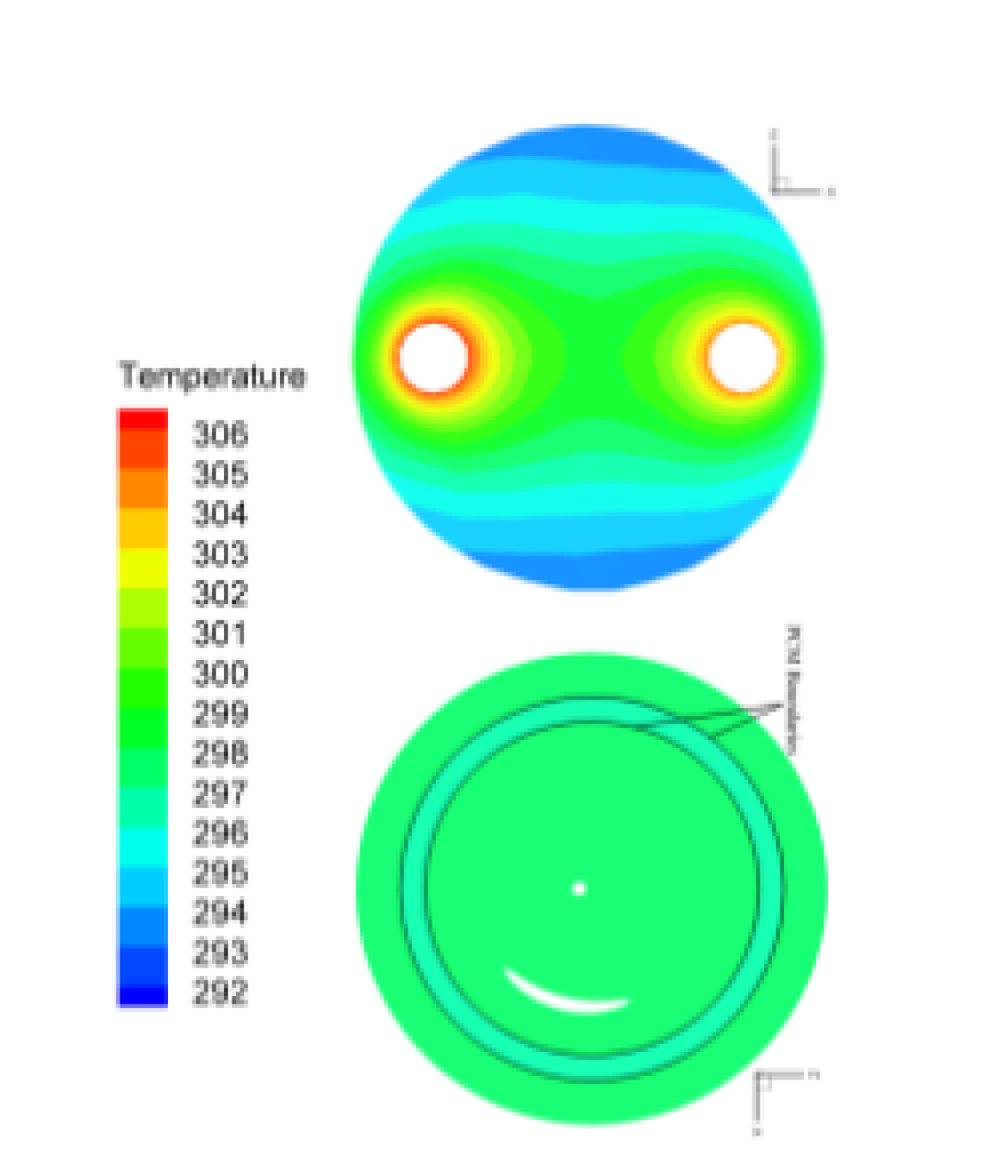 The 3D model predicted temperature distributions in the horizontal cross-section at the middle of the borehole after 6 hours of heat rejection: (top) with conventional vertical bore ground heat exchanger; and (bottom) with underground thermal battery.